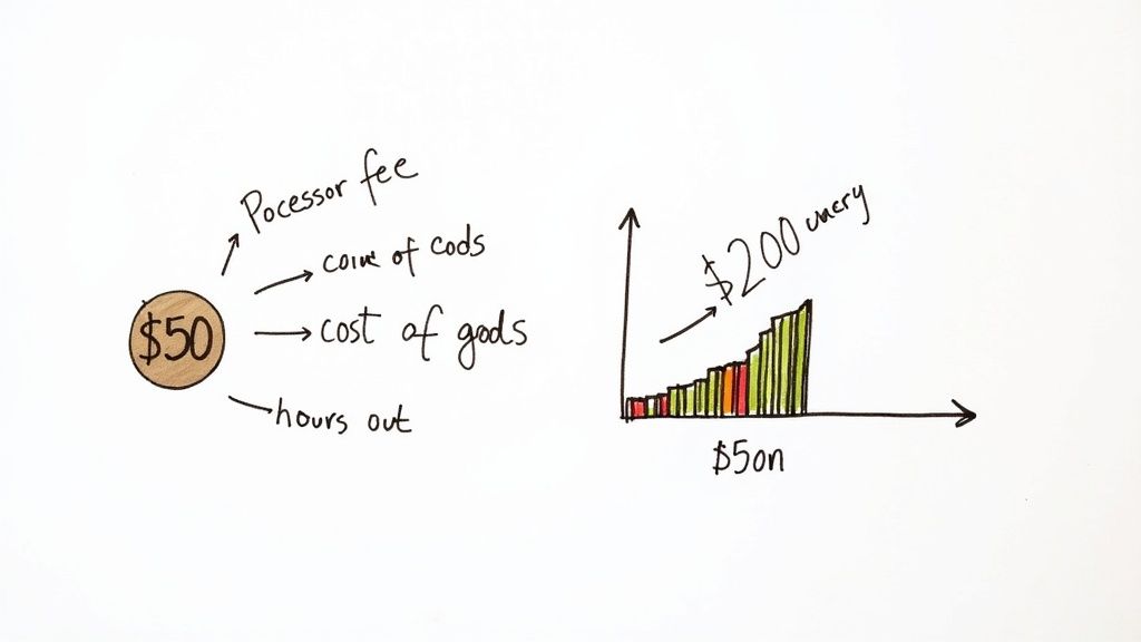 A hand-drawn diagram illustrating costs like processor fees and cost of goods for $50, alongside a bar graph showing increasing values labeled "$200 every" and "$50n".