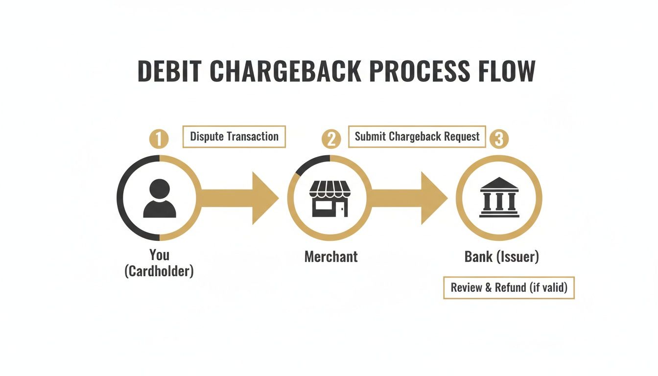 Flowchart illustrating the 3-step debit chargeback process involving the cardholder, merchant, and bank.
