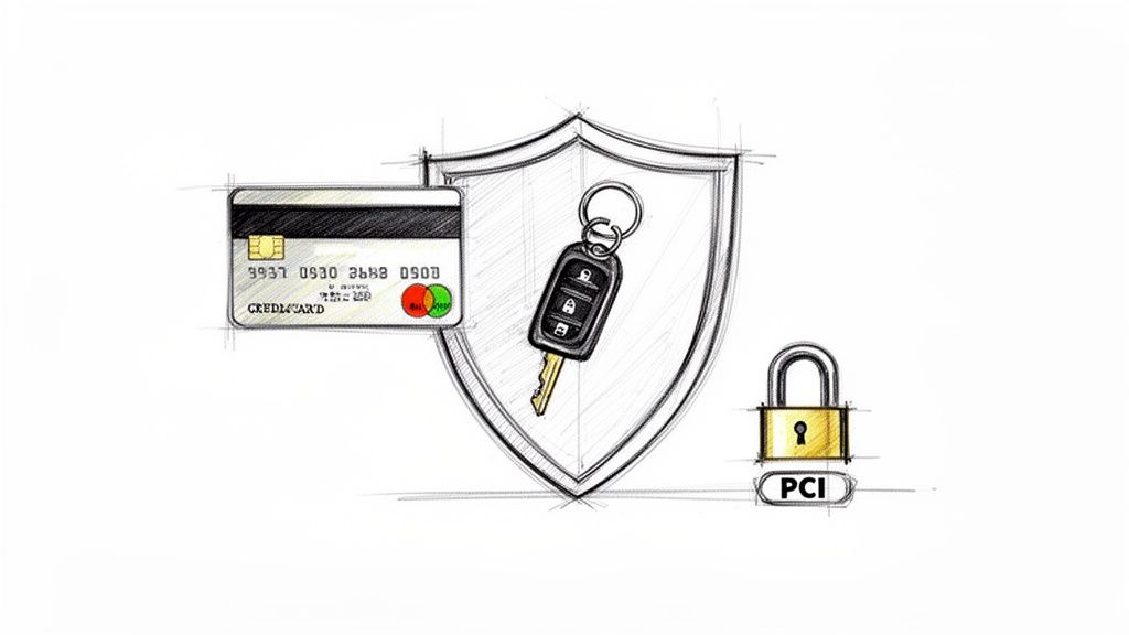 Sketch of a credit card, car key on a shield, and a PCI-compliant padlock, symbolizing payment security.