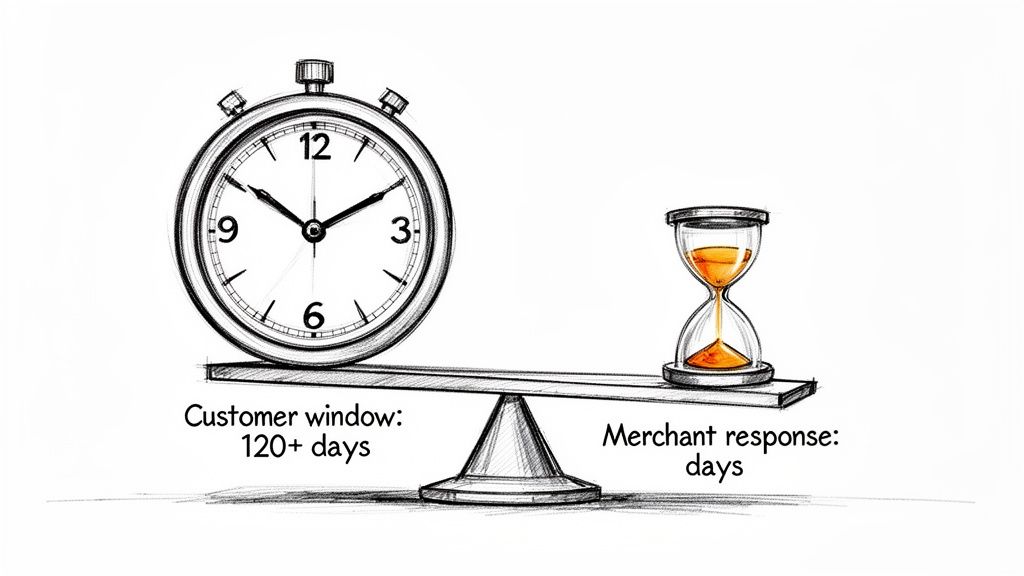 A balance scale shows a stopwatch representing 120+ days customer window outweighing an hourglass for merchant response.