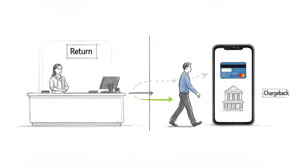 An illustration comparing a physical return process with a merchant and a digital chargeback via mobile banking.