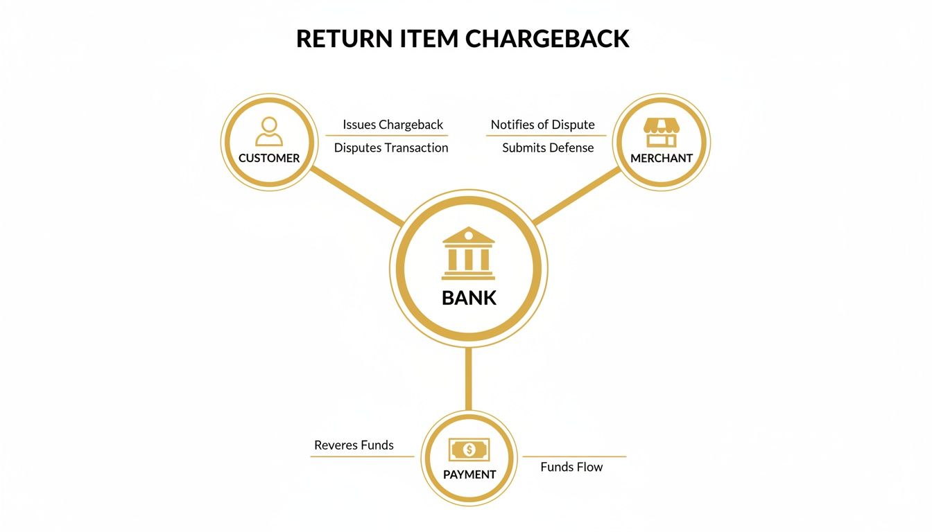 A diagram illustrating the return item chargeback process involving a customer, bank, merchant, and payment.