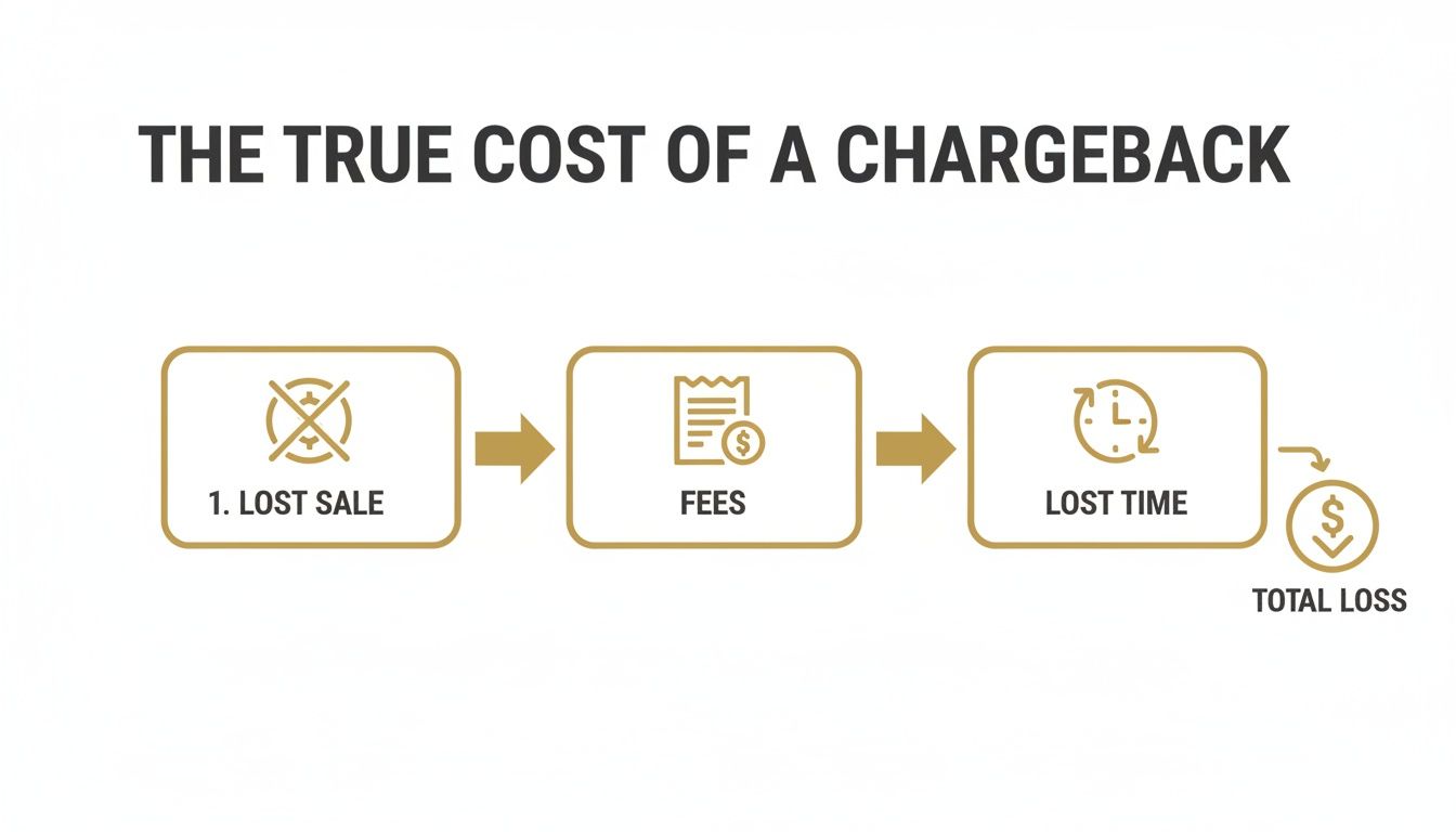 Diagram illustrating the true cost of a chargeback: lost sale, fees, and lost time, leading to total loss.