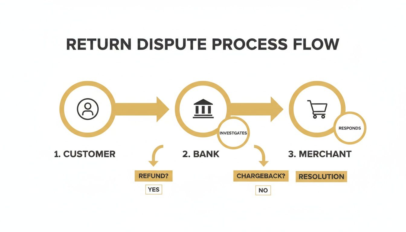 Flowchart showing the return dispute process between customer, bank, and merchant, with outcomes like refund or chargeback.