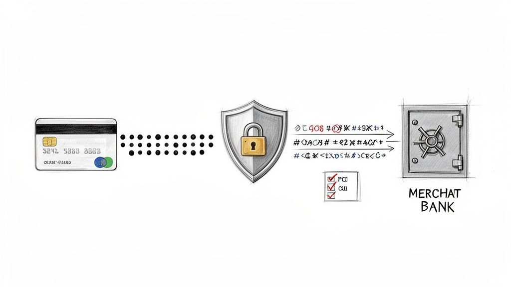 Diagram illustrating secure credit card payment processing, from card, through encryption, to merchant bank.