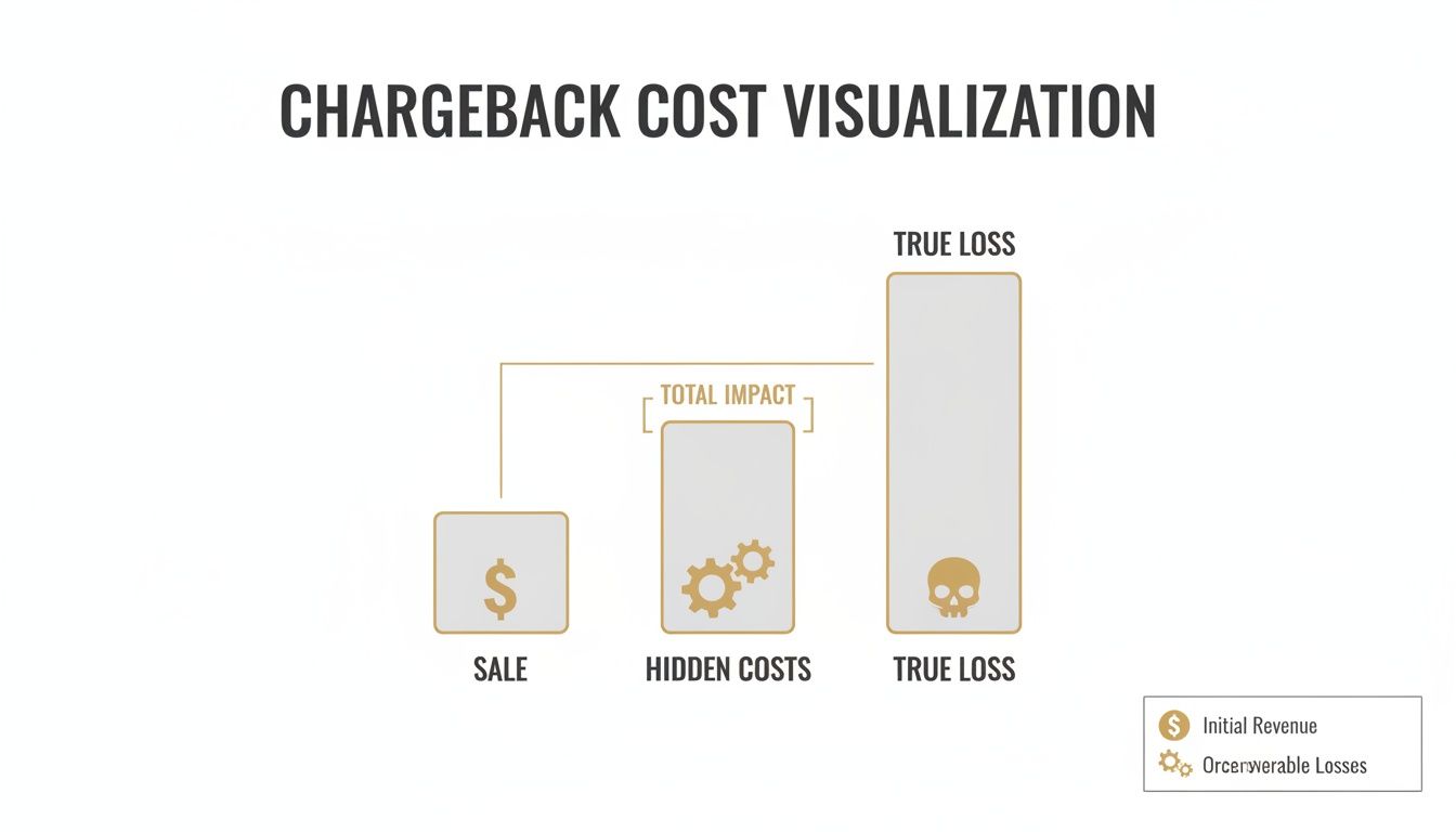 Infographic visualizing chargeback costs, including initial revenue, hidden fees, and total true loss.