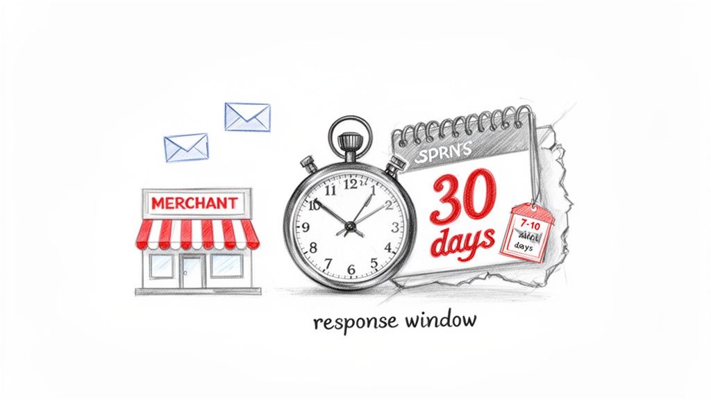 A sketch showing a merchant store, mail, a stopwatch, and a calendar with 30 days, indicating a response window.
