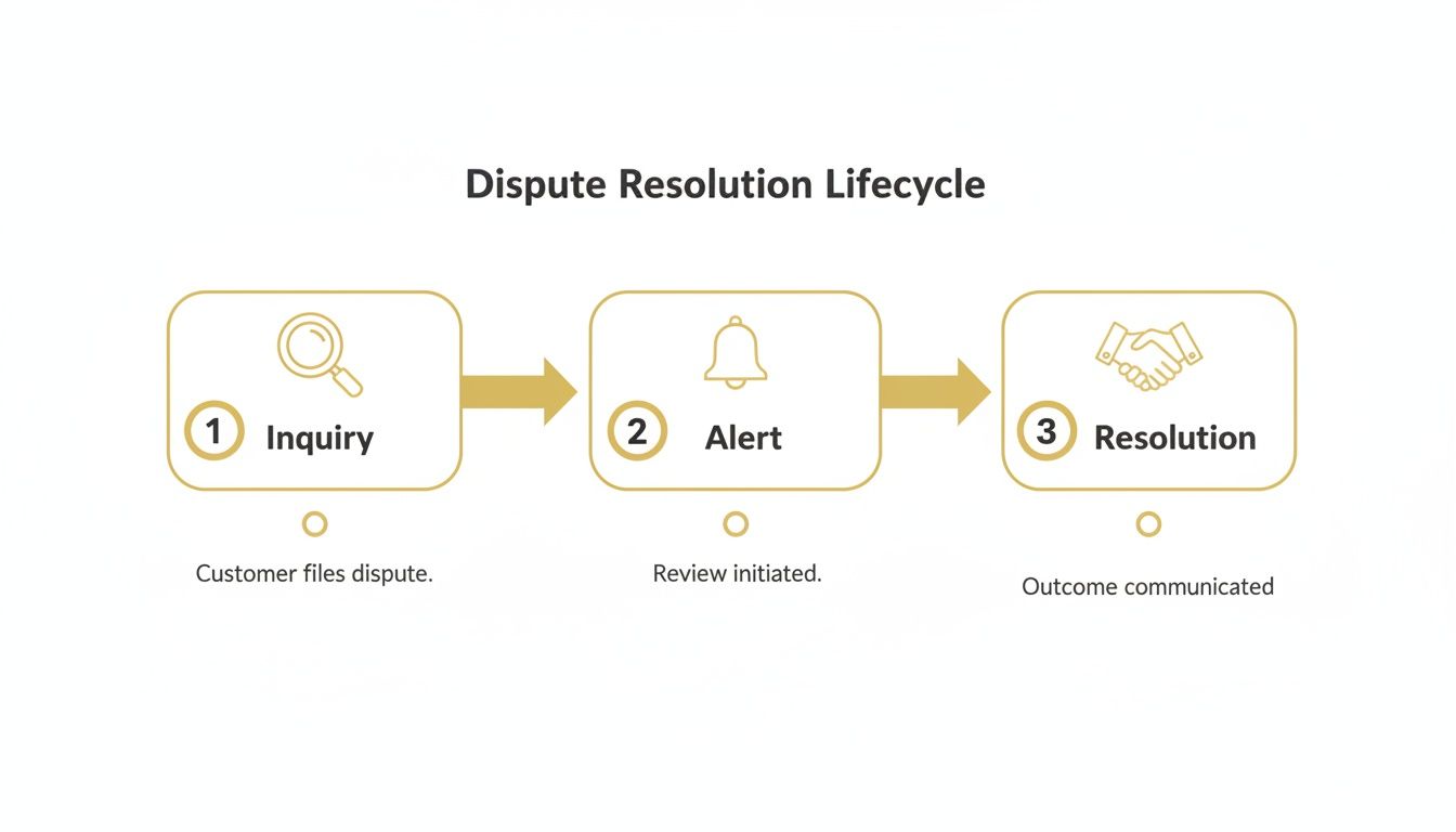 Diagram illustrating the three-step dispute resolution lifecycle: Inquiry, Alert, and Resolution stages.