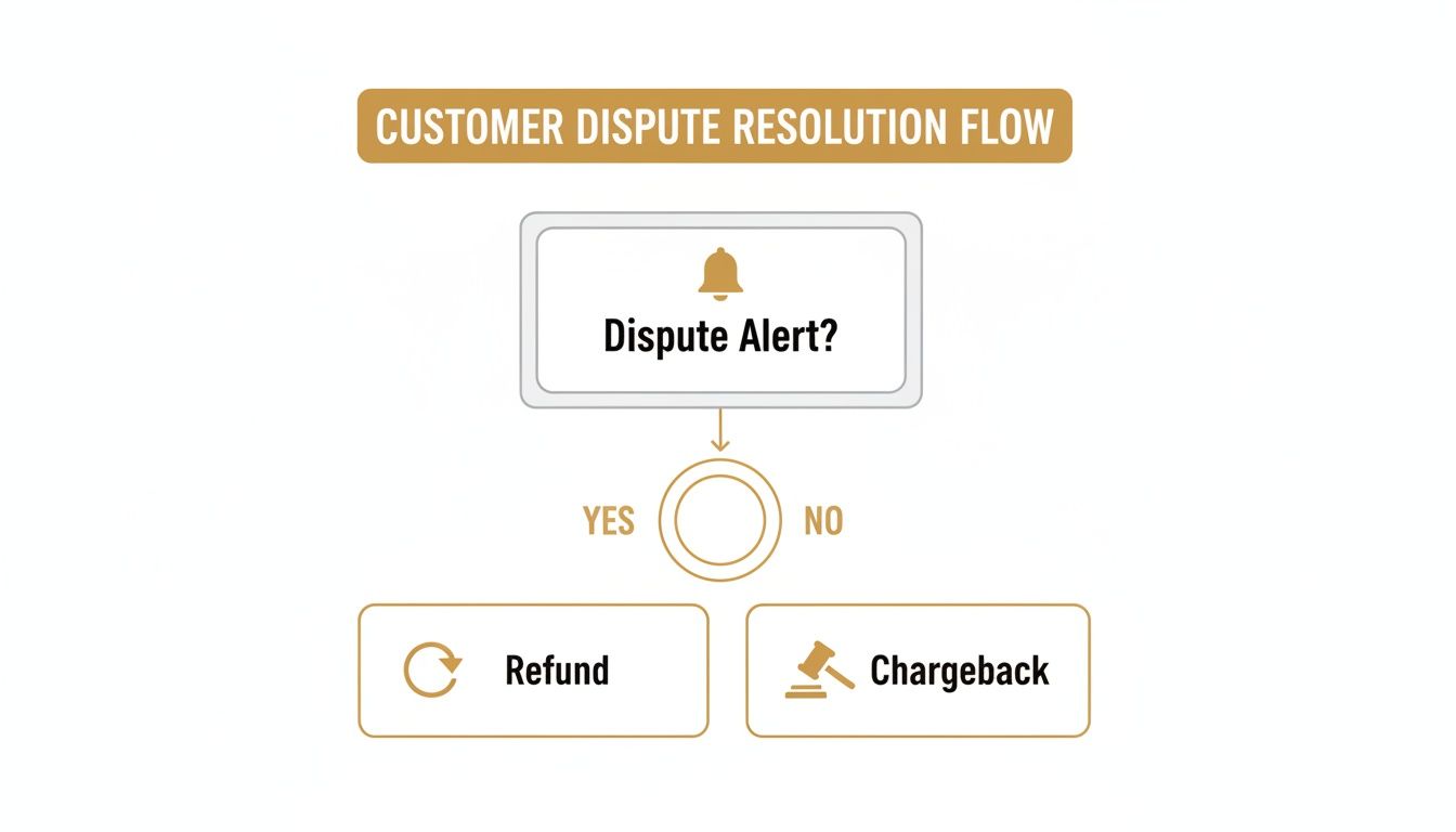 Flowchart illustrating customer dispute resolution: if a dispute alert, then refund; otherwise, a chargeback.