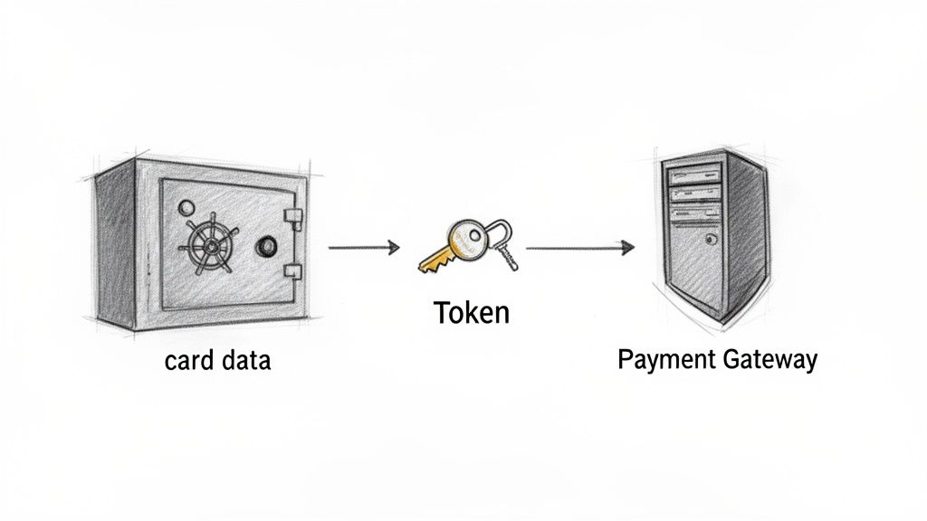Diagram showing sensitive card data in a safe, tokenized by keys, sent to a payment gateway.