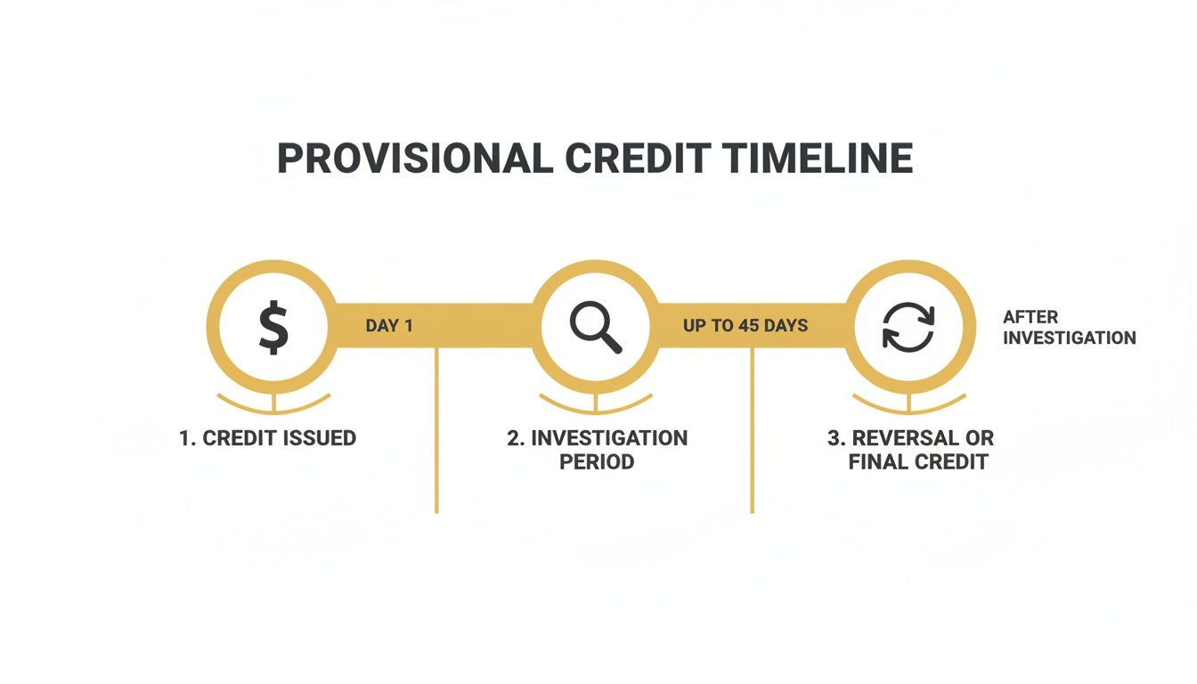 Infographic illustrating the provisional credit timeline from issuance, through investigation, to final credit or reversal.