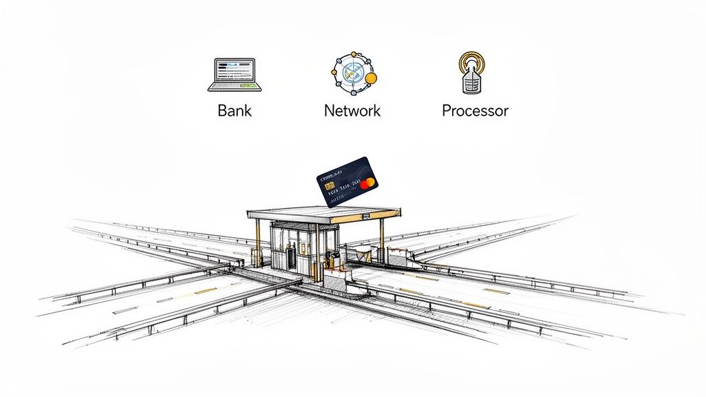 A diagram illustrating a credit card payment system at a toll booth, involving bank, network, and processor.