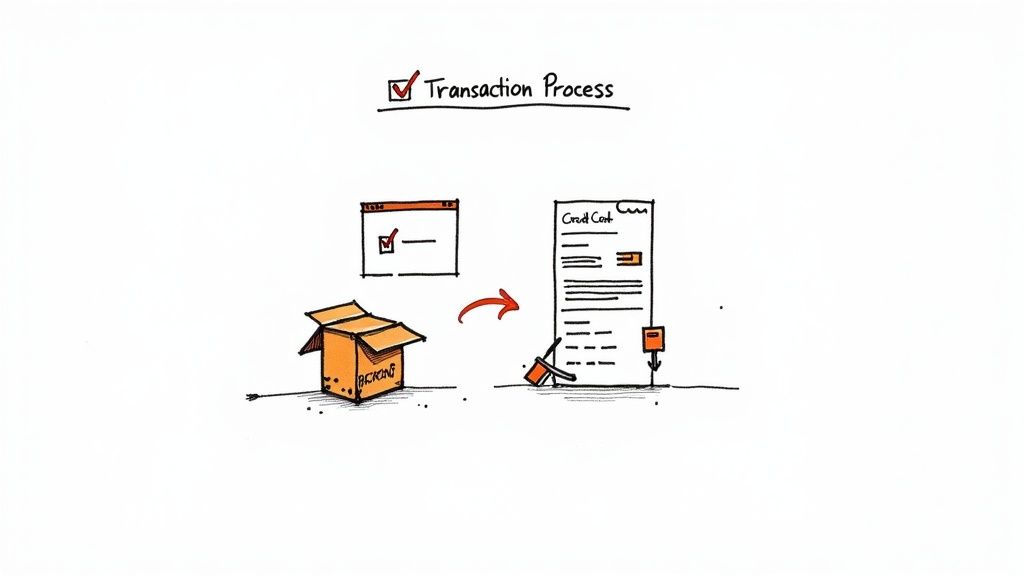 A hand-drawn illustration depicting a transaction process with packing, a credit card document, and a checkbox.