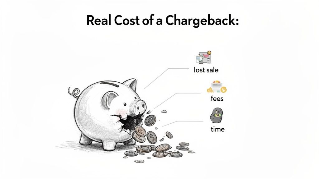 A broken piggy bank spilling coins, illustrating the real financial costs of a chargeback.