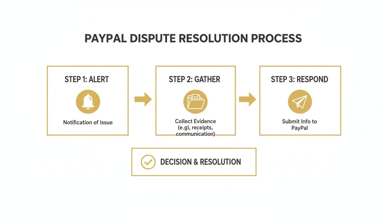 Flowchart illustrating the PayPal dispute resolution process with steps: Alert, Gather, and Respond.