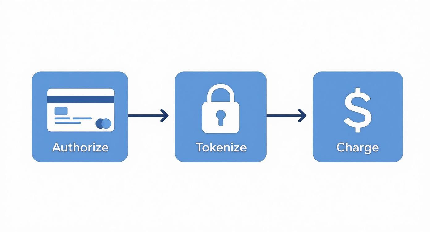 Diagram showing the secure payment processing flow: authorization, tokenization, and charging.