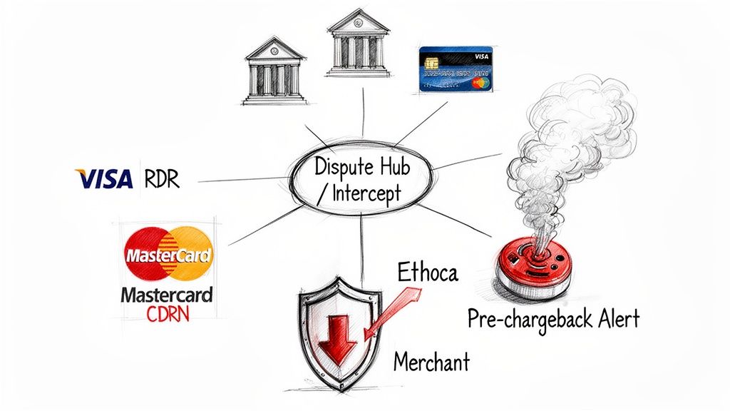 Diagram illustrating a dispute hub intercepting chargebacks from Visa, Mastercard, banks, and pre-chargeback alerts before reaching merchants.