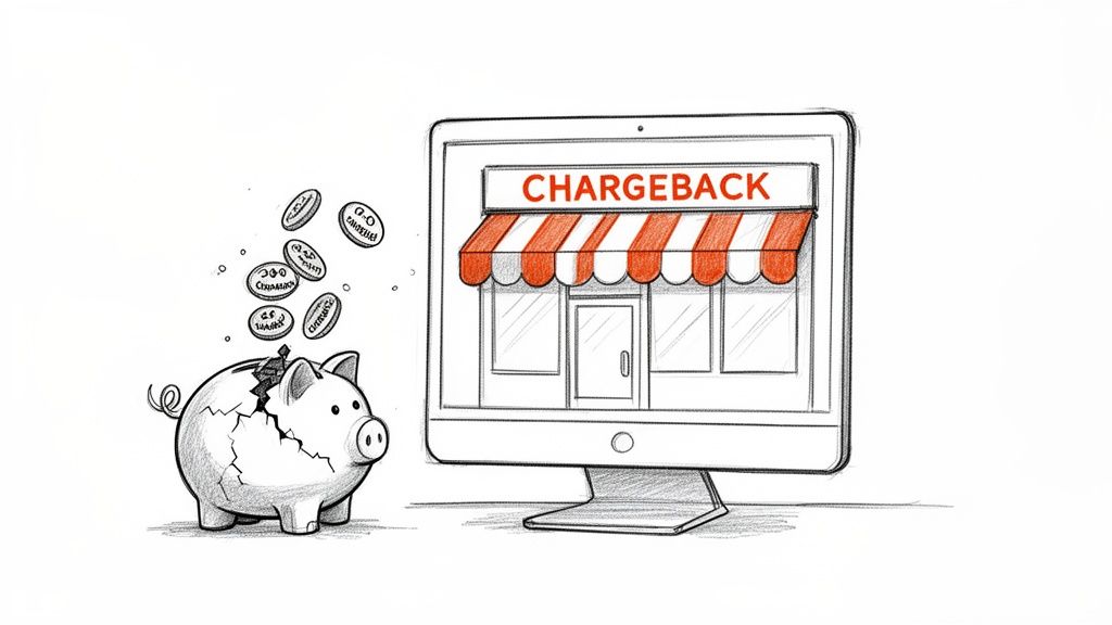 Cracked piggy bank losing coins next to a computer screen showing a 'CHARGEBACK' online store.