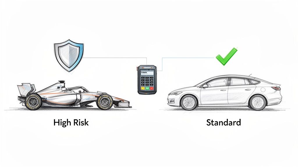 Illustration: High-risk F1 car with shield, standard sedan with checkmark, connected by payment terminal.