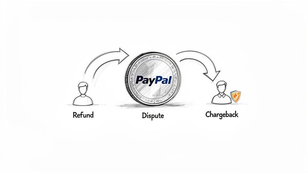 Diagram illustrating PayPal payment reversal options: refund, dispute, and chargeback between two users.