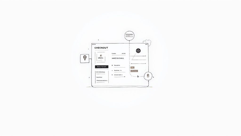 Hand-drawn wireframe sketch of an online checkout page with form fields and icons.