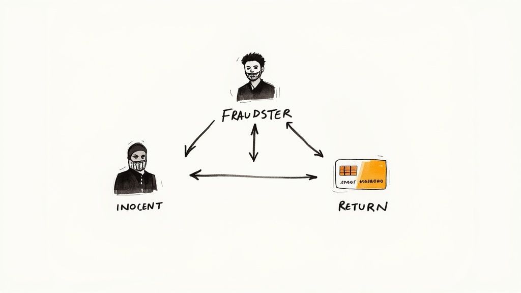 A diagram illustrating the fraud triangle between a fraudster, an innocent person, and a return card.