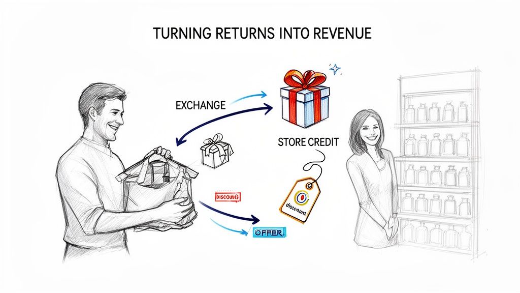 A man returns a product, offered exchange, store credit, or discounts, converting returns to revenue.