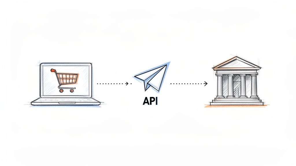 Diagram illustrating an e-commerce website on a laptop connecting to a bank via an API for payment processing.