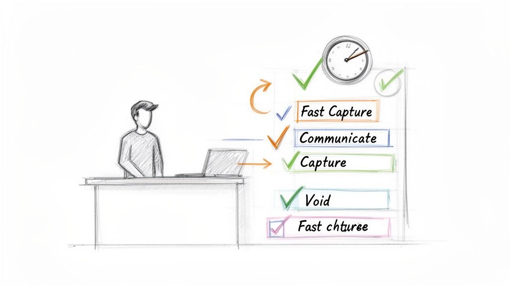 A sketch of a person at a laptop with a task list, indicating a workflow process with steps like capture and communicate.