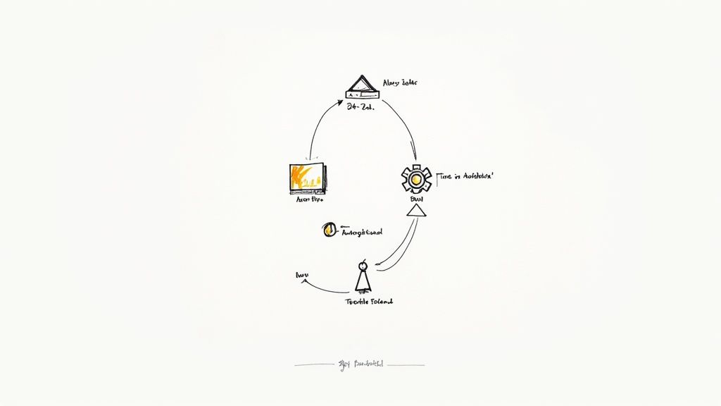 A hand-drawn diagram illustrating a cyclical workflow with various labeled icons and connecting arrows.