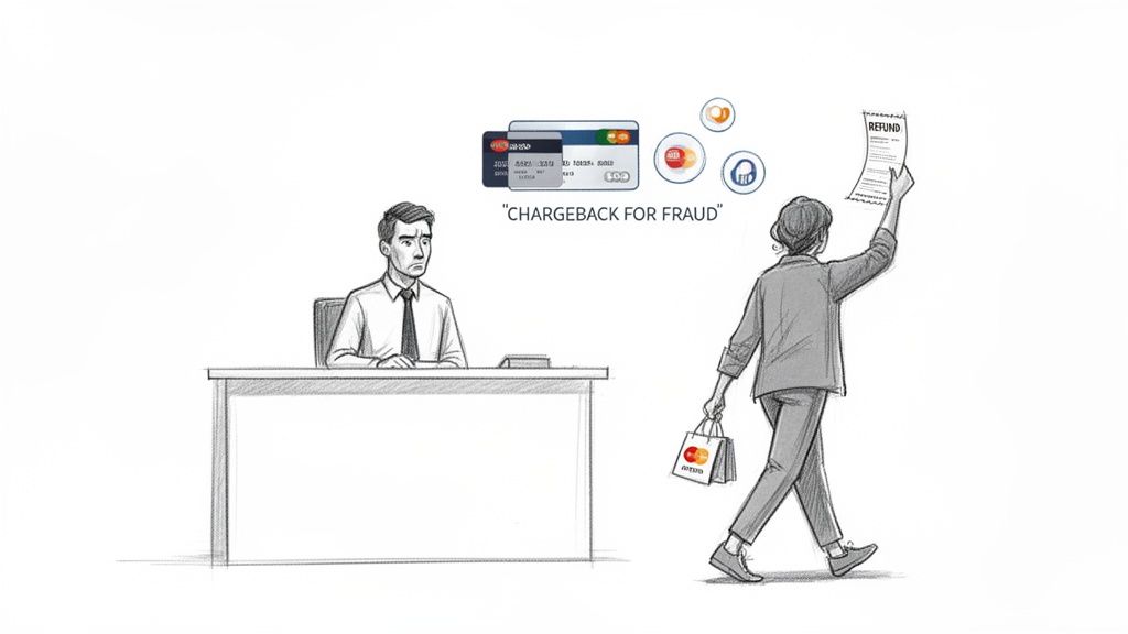 A concerned man faces a customer holding a refund receipt, illustrating 'chargeback for fraud' with credit cards.