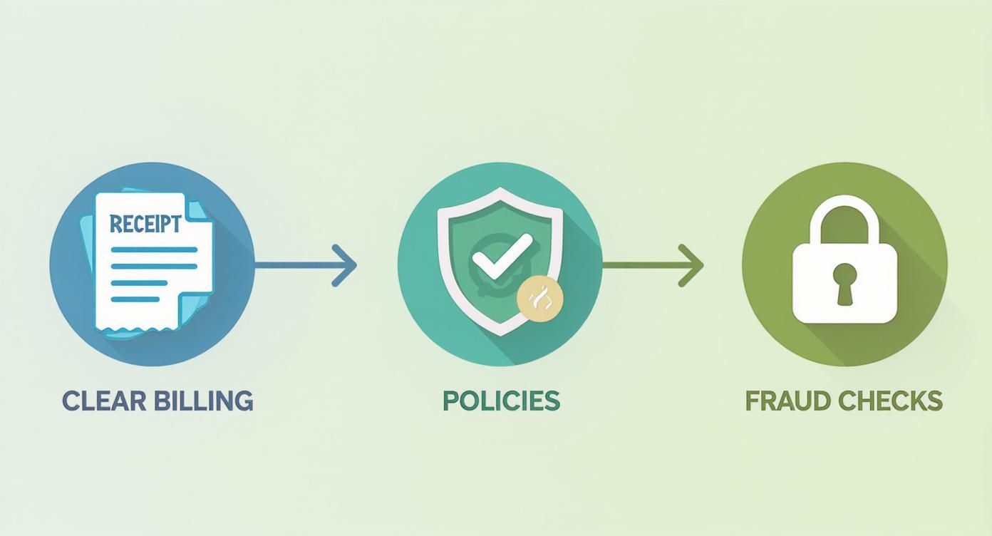A workflow diagram showing clear billing, policies, and fraud checks steps for security.