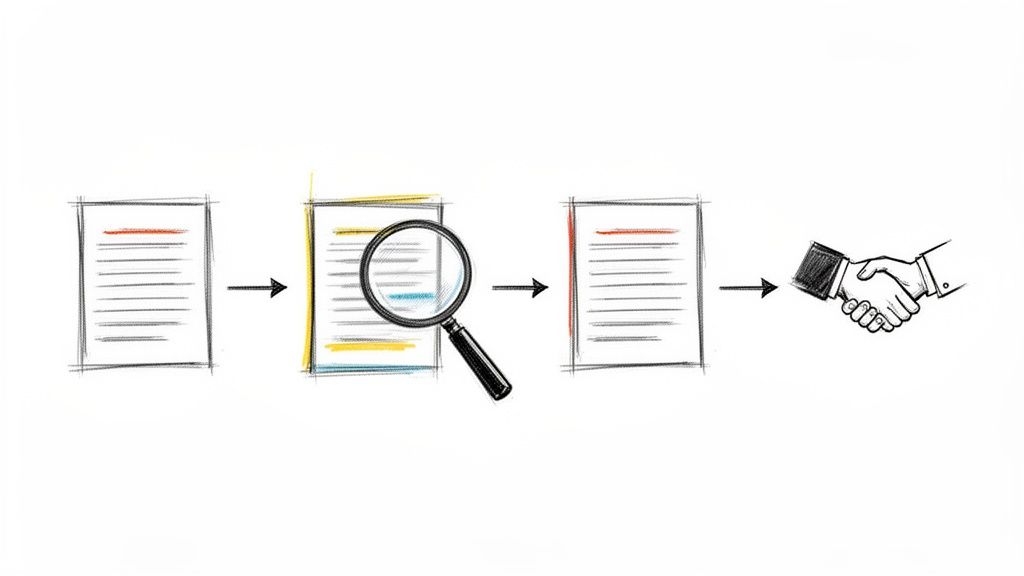 A sketch illustrating document review and analysis process leading to a business agreement.