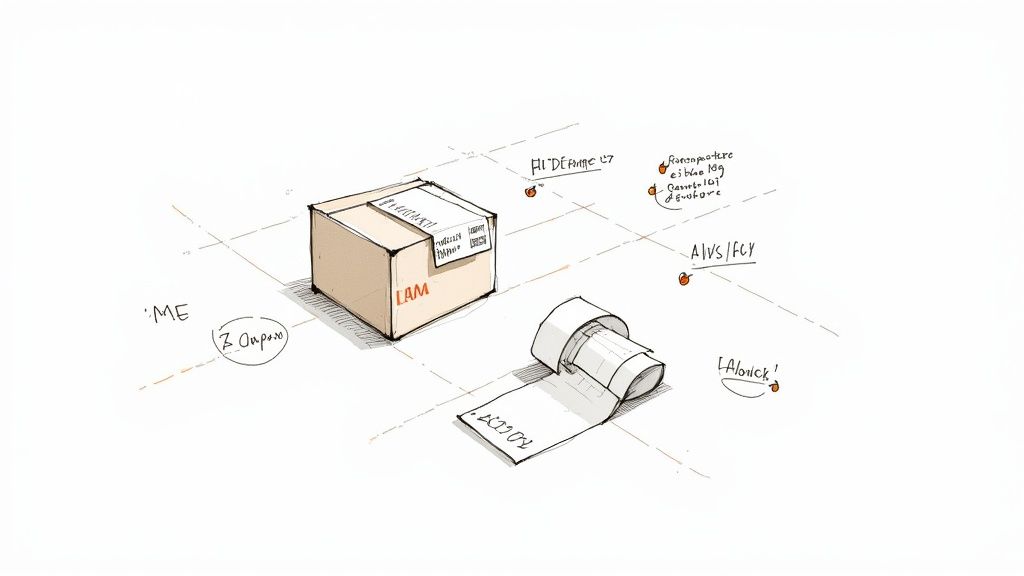 A sketch showing a cardboard shipping box, a roll of tape, and handwritten labels and lines on a white background, representing logistics.