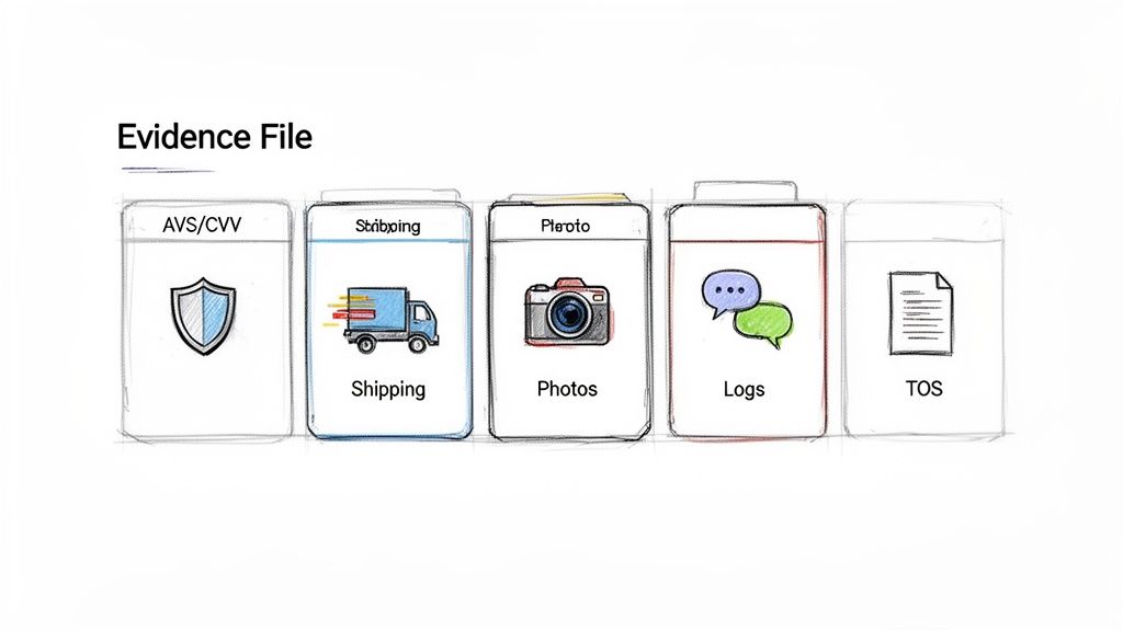 An 'Evidence File' showing five folders: AVS/CVV, Shipping, Photos, Logs, and TOS, each with a relevant icon.