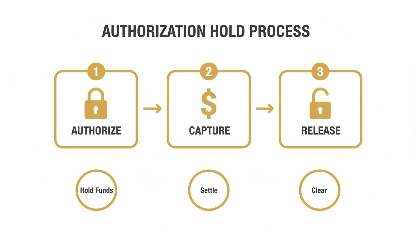 Diagram showing the three-step authorization hold process: authorize, capture, and release funds.