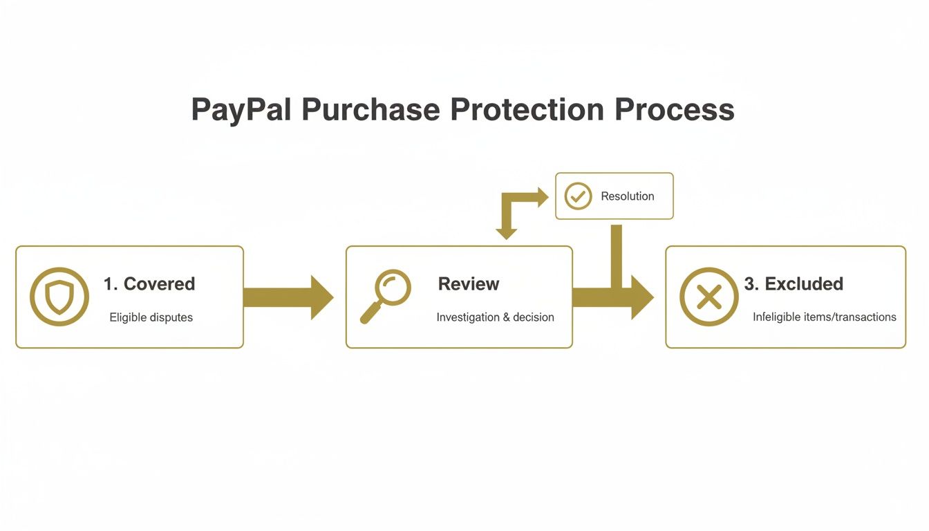 Flowchart depicting the PayPal Purchase Protection Process, showing steps for covered, review, and excluded cases.