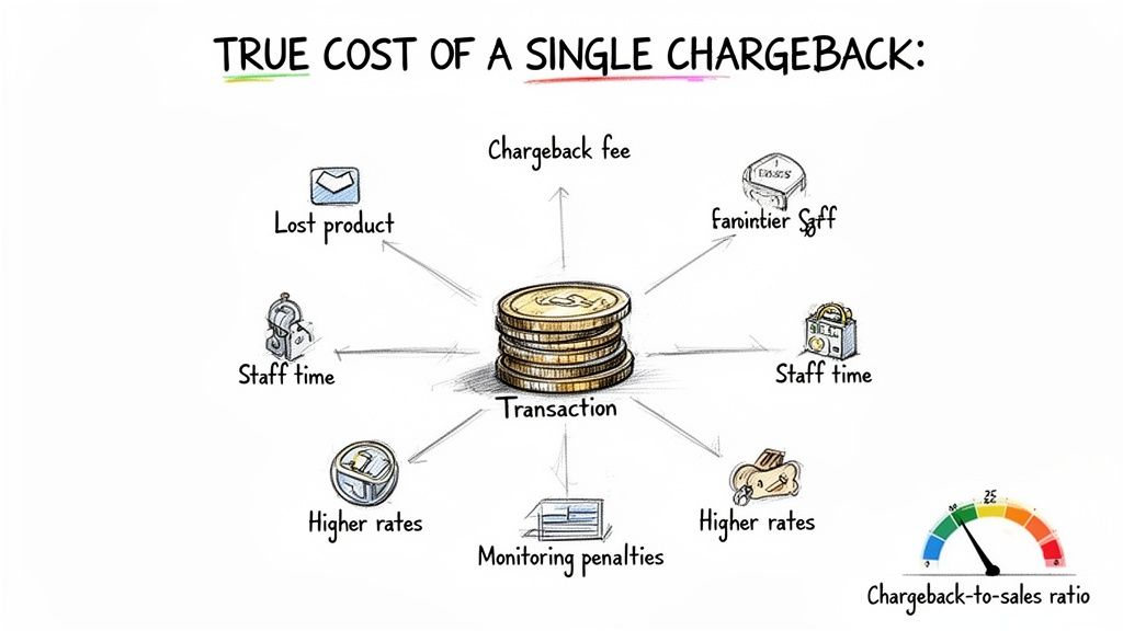 Infographic displaying the true cost of a single chargeback, including fees, lost products, staff time, higher rates, and penalties.