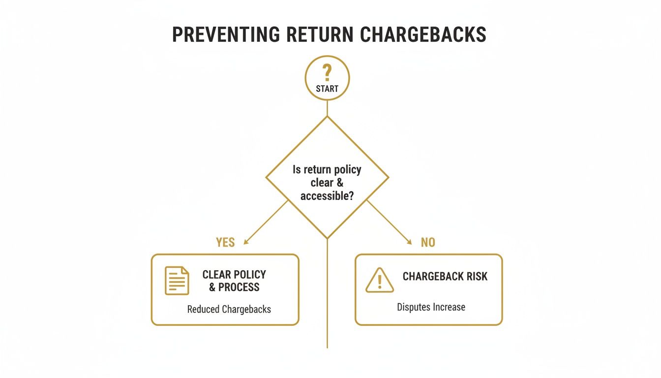 A flowchart illustrating the impact of a clear return policy on preventing return chargebacks.