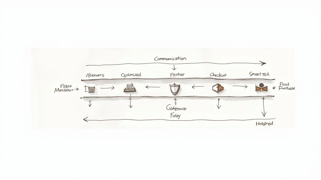 A hand-drawn flow diagram illustrating a multi-stage business or customer journey process.
