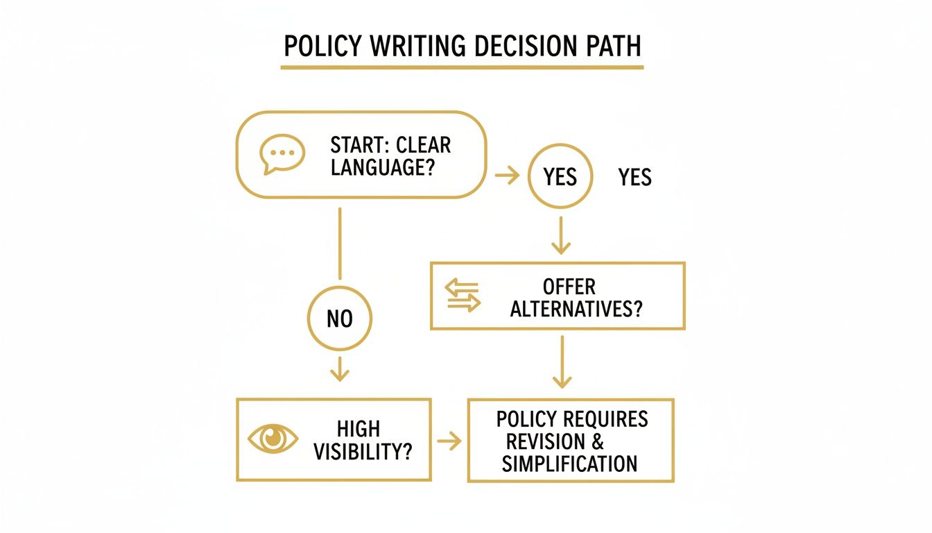 Flowchart detailing policy writing decisions for clarity, alternatives, and visibility leading to revision.