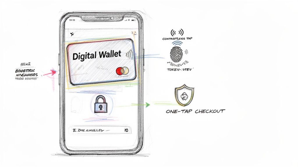 A sketch of a smartphone's digital wallet showing biometric security, contactless tap, and one-tap checkout features.