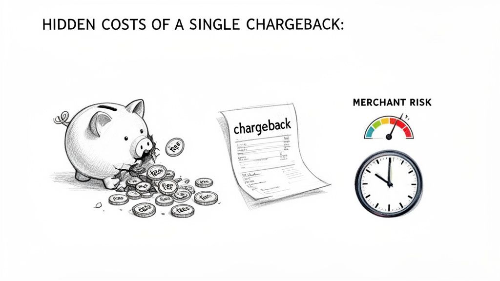 Illustration showing hidden costs of a single chargeback: broken piggy bank with fees, chargeback document, high merchant risk gauge, and a clock.
