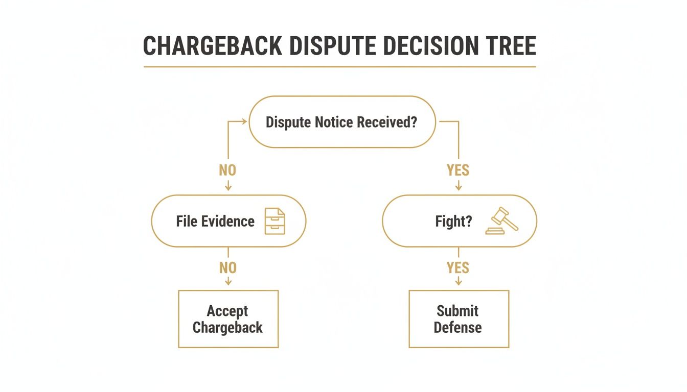 A flowchart showing the chargeback dispute decision tree with paths for receiving or not receiving a dispute notice.