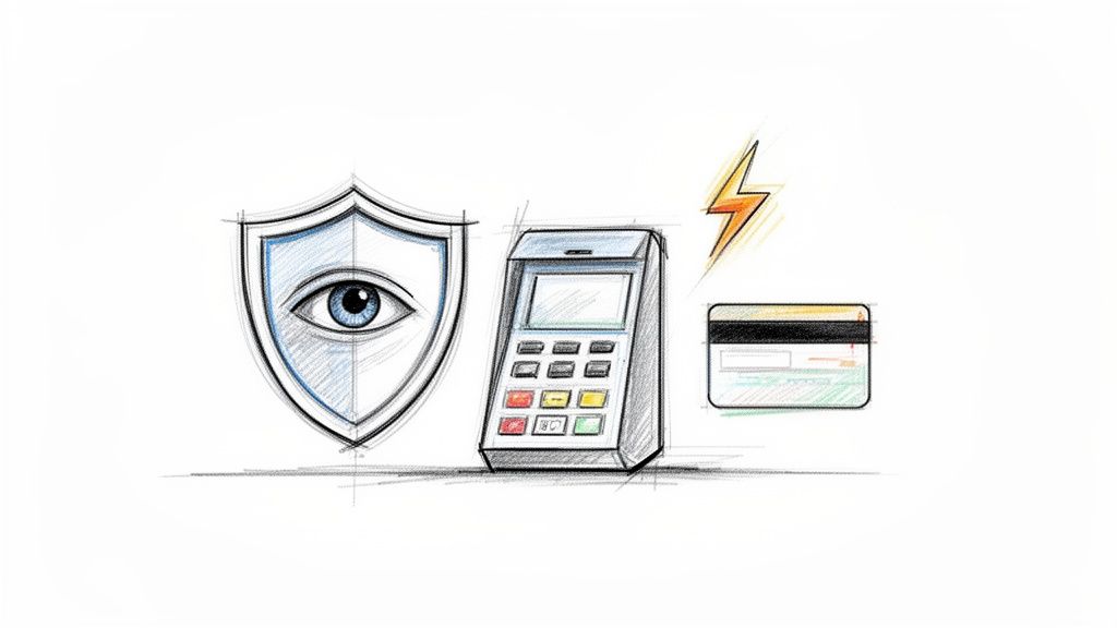 A sketch showing a shield with an eye, a POS terminal, lightning, and a credit card for secure transactions.