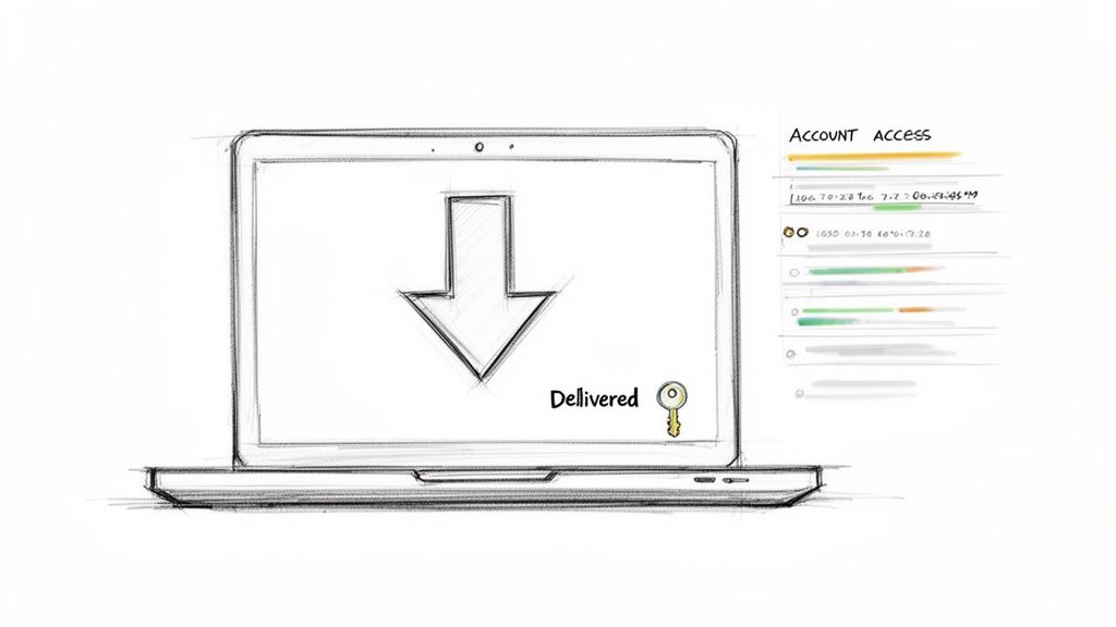 Sketch of a laptop screen with a download arrow, 'Delivered' text, a key icon, and 'ACCOUNT ACCESS' information.