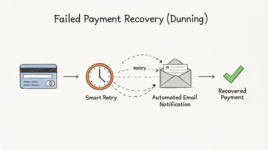 Flowchart illustrating failed payment recovery (dunning) using smart retries and automated email notifications.