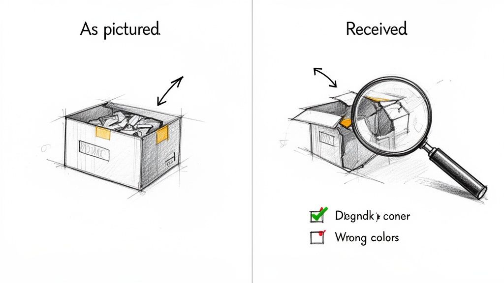 Cartoon comparing a perfectly pictured product in a box to a damaged and incomplete one received, highlighting discrepancies.