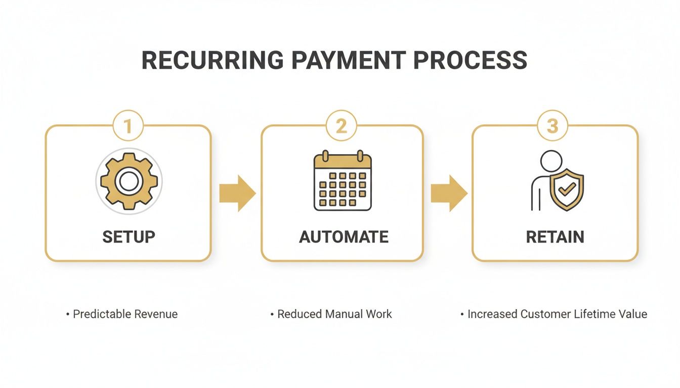 Diagram illustrating the recurring payment process: setup, automate, and retain, with associated benefits.