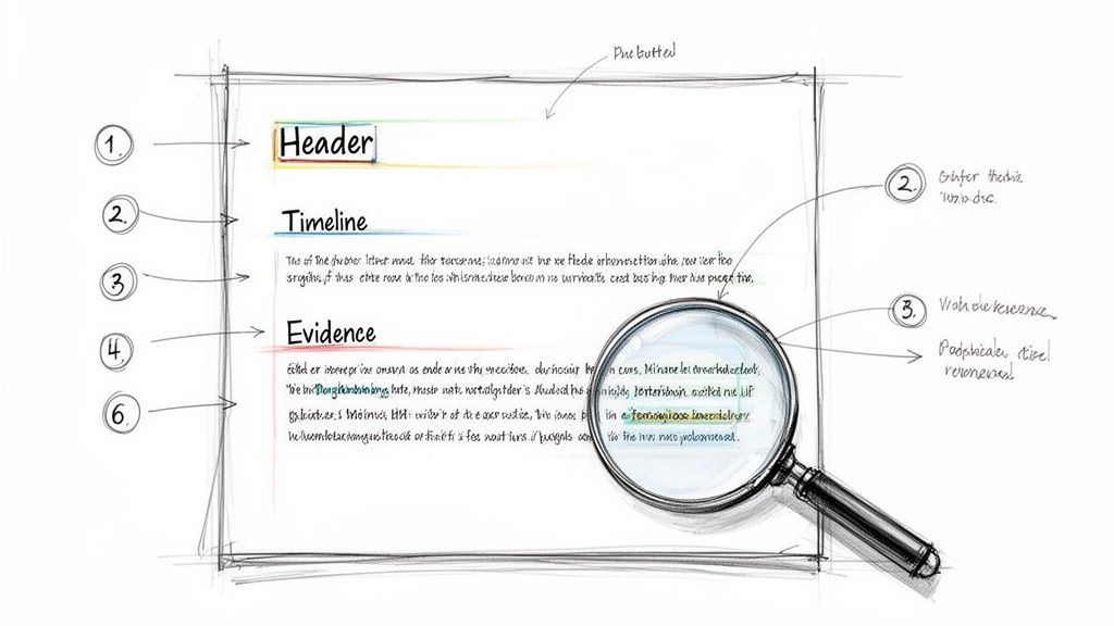 A hand-drawn sketch of a document with Header, Timeline, and Evidence sections, annotated with notes and a magnifying glass.
